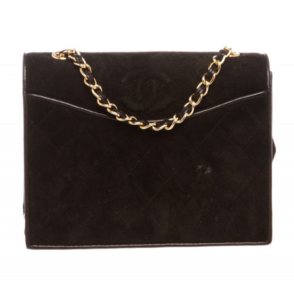 Chanel Black Quilted Suede Leather Trim CC Flap Ba